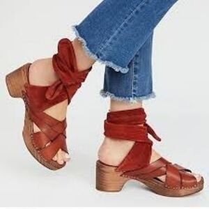 Free People Red Mules with Wooden Heel
